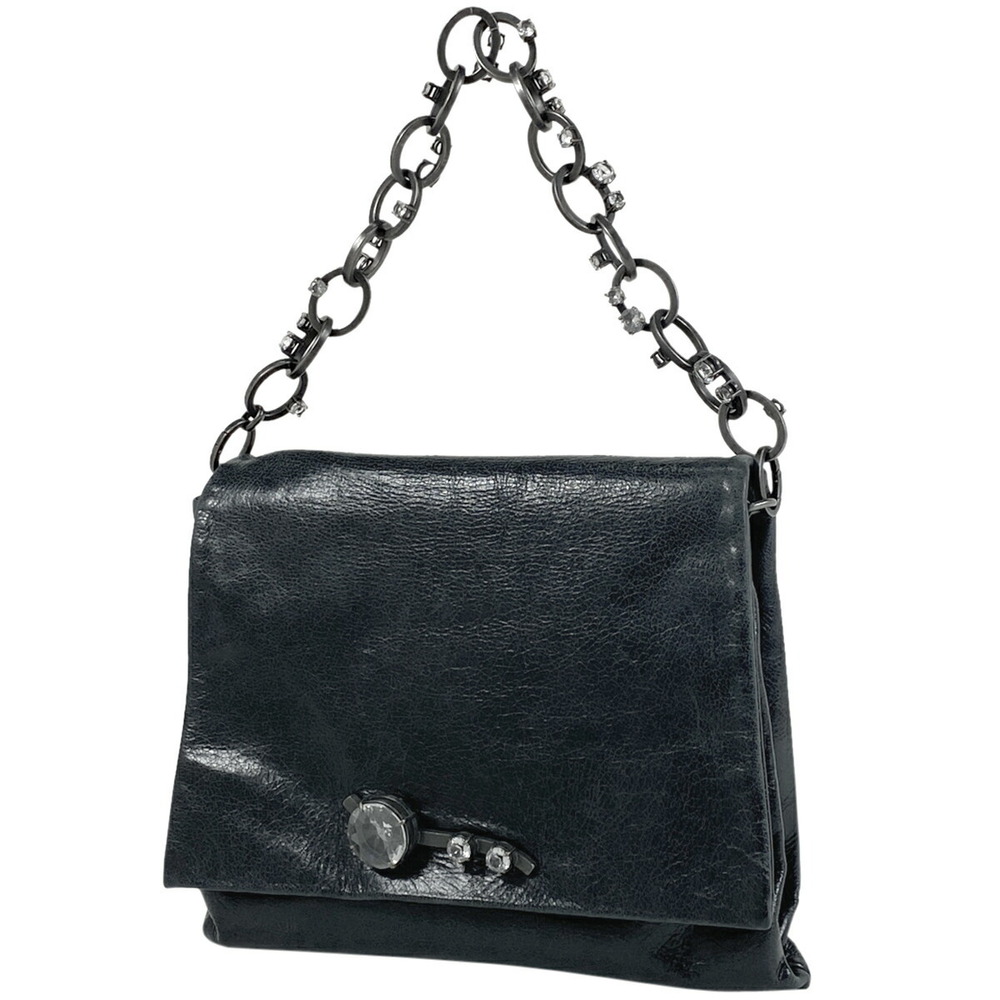 Miu Miu Logo Chain Shoulder Bag Rhinestones Leather Black